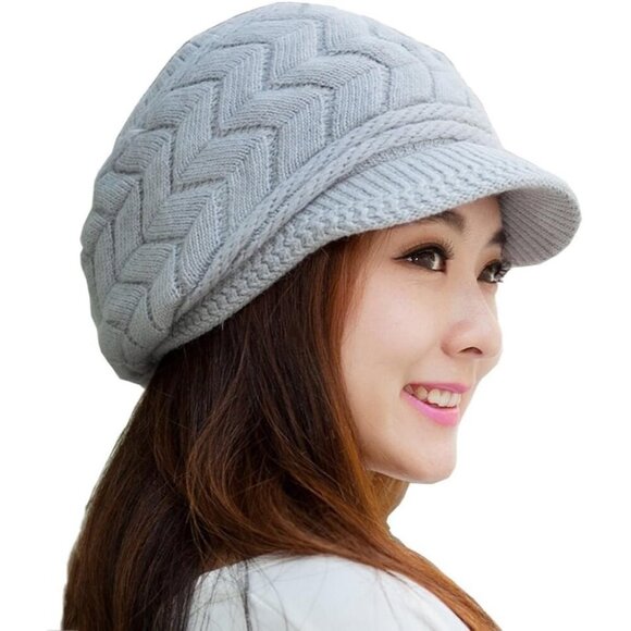 〽️Women’s Grey Winter Warm Knit Wool Snow Ski Hat with Visor main image 7